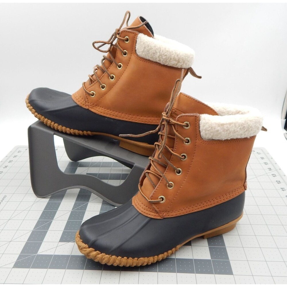 Skechers Womens Duck Boots Tan Black Leather Sherpa Cuff Ankle Lace Up Sz 8 Rain
